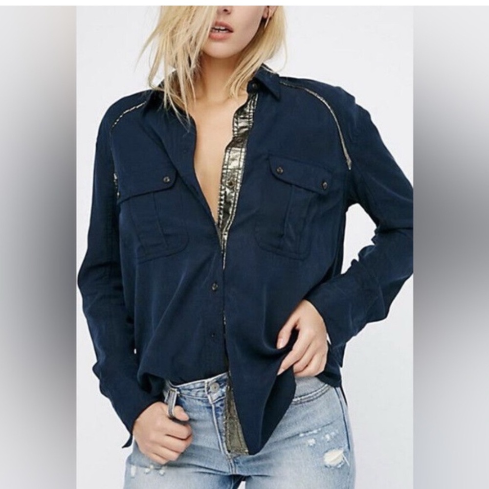 Free People Off Campus utility shirt size S navy oversized preppy office